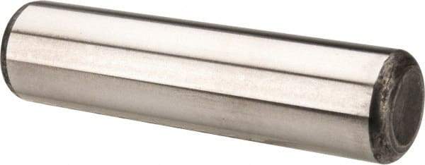 Made in USA - 1/2" Diam x 2" Pin Length Grade 8 Alloy Steel Standard Dowel Pin - Bright Finish, C 47-58 & C 60 (Surface) Hardness, 29,450 Lb (Single Shear), 58,900 Lb (Double Shear) Breaking Strength, 1 Beveled & 1 Rounded End - Eagle Tool & Supply