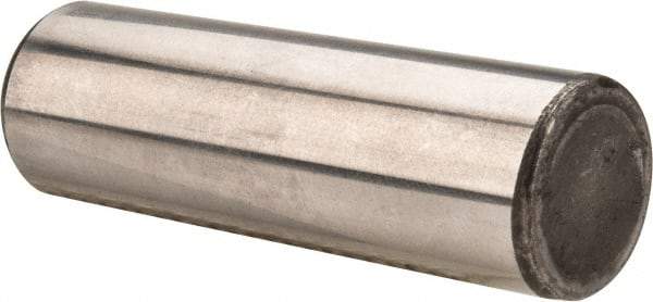 Made in USA - 5/8" Diam x 2" Pin Length Grade 8 Alloy Steel Standard Dowel Pin - Bright Finish, C 47-58 & C 60 (Surface) Hardness, 46,000 Lb (Single Shear), 92,000 Lb (Double Shear) Breaking Strength, 1 Beveled & 1 Rounded End - Eagle Tool & Supply