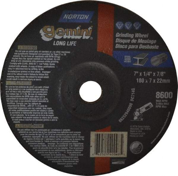 Norton - 7" Wheel Diam, 1/4" Wheel Thickness, 7/8" Arbor Hole, Type 27 Depressed Center Wheel - Aluminum Oxide, 8,600 Max RPM, Compatible with Angle Grinder - Eagle Tool & Supply