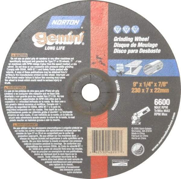Norton - 9" Wheel Diam, 1/4" Wheel Thickness, 7/8" Arbor Hole, Type 27 Depressed Center Wheel - Aluminum Oxide, 6,600 Max RPM, Compatible with Angle Grinder - Eagle Tool & Supply