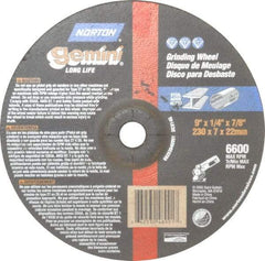 Norton - 9" Wheel Diam, 1/4" Wheel Thickness, 7/8" Arbor Hole, Type 27 Depressed Center Wheel - Aluminum Oxide, 6,600 Max RPM, Compatible with Angle Grinder - Eagle Tool & Supply