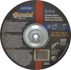 Norton - 9" Wheel Diam, 1/4" Wheel Thickness, Type 27 Depressed Center Wheel - Aluminum Oxide, 6,600 Max RPM, Compatible with Angle Grinder - Eagle Tool & Supply