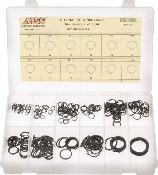 Made in USA - 300 Piece, 1/4 to 1-1/4", Steel, Snap External Retaining Ring Assortment - Includes Compartmented Case - Eagle Tool & Supply
