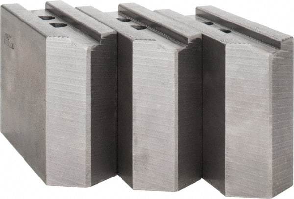 Abbott Workholding Products - 12" & Up Chuck Capacity, 1.5mm x 60° Serrated Attachment, Square Soft Lathe Chuck Jaw - 3 Jaws, Steel, 1.1811" Btw Mount Hole Ctrs, 5-1/2" Long x 2" Wide x 4" High, 0.8268" Groove, 0.6299" & 16mm Fastener - Eagle Tool & Supply