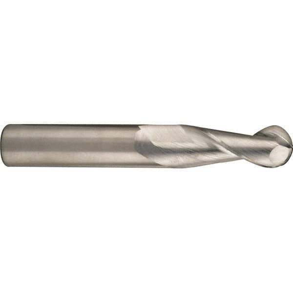 SGS - 25mm Diam, 44mm LOC, 2 Flute Solid Carbide Ball End Mill - Uncoated, Single End, 104mm OAL, 25mm Shank Diam, Spiral Flute - Eagle Tool & Supply