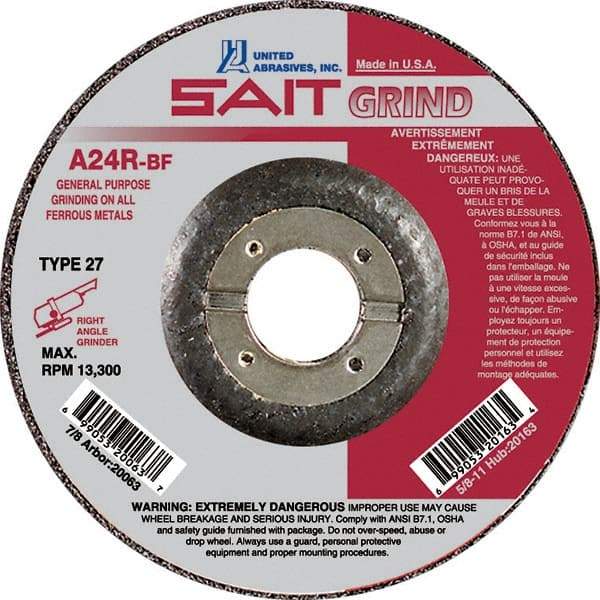 Sait - 24 Grit, 9" Wheel Diam, 1/4" Wheel Thickness, 7/8" Arbor Hole, Type 27 Depressed Center Wheel - Aluminum Oxide, Resinoid Bond, R Hardness, 6,600 Max RPM, Compatible with Angle Grinder - Eagle Tool & Supply