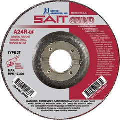 Sait - 24 Grit, 6" Wheel Diam, 1/4" Wheel Thickness, 7/8" Arbor Hole, Type 27 Depressed Center Wheel - Aluminum Oxide, Resinoid Bond, R Hardness, 10,200 Max RPM, Compatible with Angle Grinder - Eagle Tool & Supply
