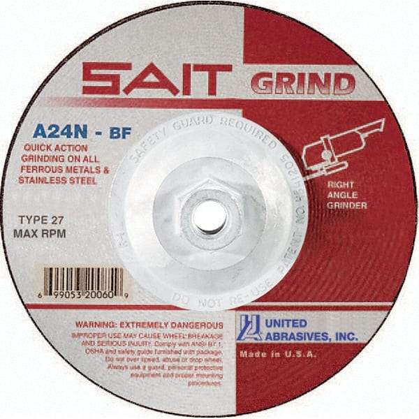 Sait - 24 Grit, 5" Wheel Diam, 1/4" Wheel Thickness, Type 27 Depressed Center Wheel - Aluminum Oxide, Resinoid Bond, N Hardness, 12,200 Max RPM, Compatible with Angle Grinder - Eagle Tool & Supply
