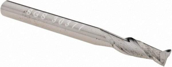 SGS - 1/8", 3/8" LOC, 1/8" Shank Diam, 1-1/2" OAL, 2 Flute, Solid Carbide Square End Mill - Single End, Uncoated, Spiral Flute, 30° Helix, Centercutting, Right Hand Cut, Right Hand Flute, Series 3 - Eagle Tool & Supply