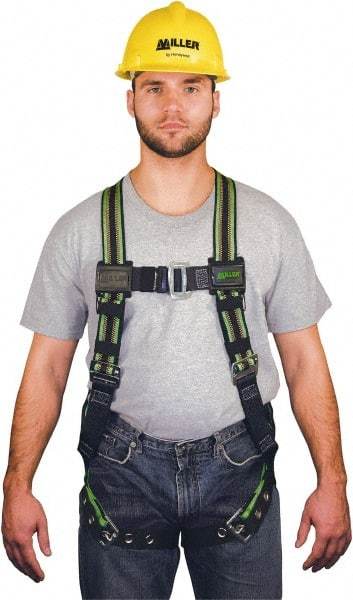 Miller - 400 Lb Capacity, Size Universal, Full Body Construction Safety Harness - Elastomer, Tongue Leg Strap, Mating Chest Strap, Green/Black - Eagle Tool & Supply