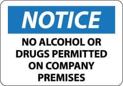 NMC - "Notice - No Alcohol or Drugs Permitted on Company Premises", 14" Long x 20" Wide, Rigid Plastic Safety Sign - Rectangle, 0.05" Thick, Use for Security & Admittance - Eagle Tool & Supply