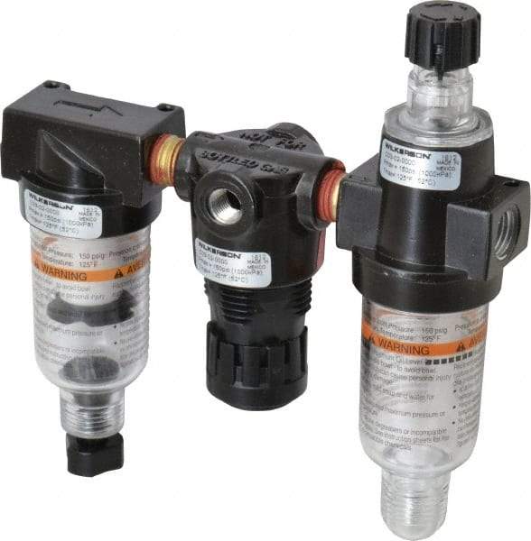 Wilkerson - 1/4" NPT Port Miniature 3 Piece Filter-Regulator-Lubricator FRL Unit - Polycarbonate Bowl, 20 SCFM, 150 Max psi, 5.98" High, Manual Drain - Eagle Tool & Supply