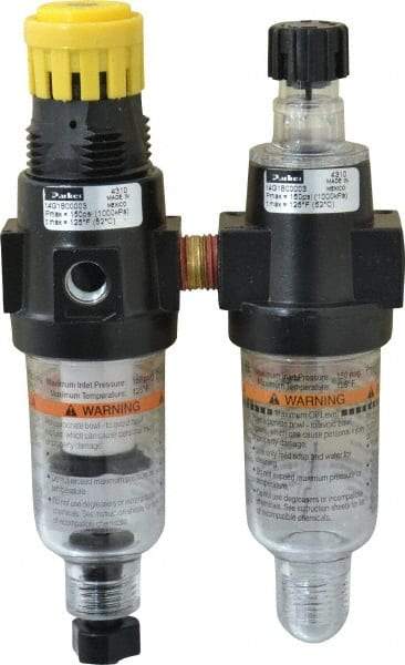 Parker - 1/4" NPT Port Miniature 2 Piece Filter/Regulator-Lubricator FRL Unit - Polycarbonate Bowl, 40 SCFM, 150 Max psi, 6.21" High, Manual Drain - Eagle Tool & Supply