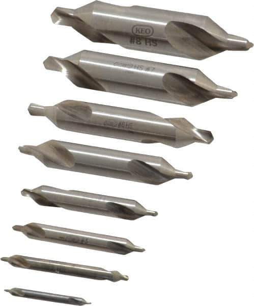 Keo - 8 Piece, #1 to 8, Plain Edge, High Speed Steel Combo Drill & Countersink Set - 60° Incl Angle - Eagle Tool & Supply