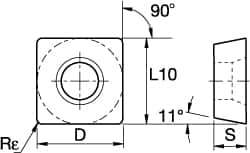 Kennametal - SPCW432 T Grade KC725M Carbide Milling Insert - TiN/TiCN/TiN Finish, 3/16" Thick, 1/2" Inscribed Circle, 0.8mm Corner Radius - Eagle Tool & Supply
