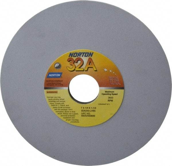 Norton - 7" Diam x 1-1/4" Hole x 1/4" Thick, L Hardness, 220 Grit Surface Grinding Wheel - Aluminum Oxide, Type 1, Very Fine Grade, 3,600 Max RPM, Vitrified Bond, No Recess - Eagle Tool & Supply