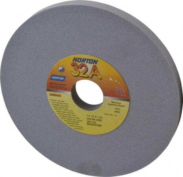 Norton - 7" Diam x 1-1/4" Hole x 1/2" Thick, J Hardness, 100 Grit Surface Grinding Wheel - Aluminum Oxide, Type 1, Fine Grade, 3,600 Max RPM, Vitrified Bond, No Recess - Eagle Tool & Supply
