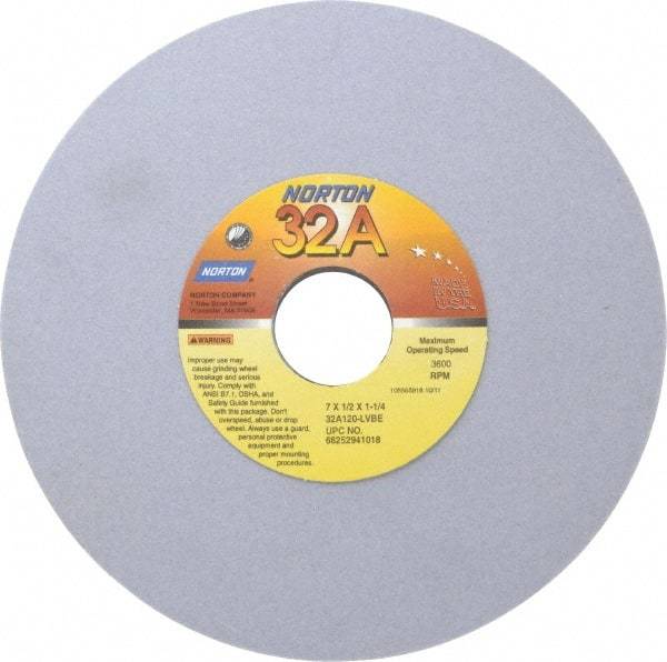 Norton - 7" Diam x 1-1/4" Hole x 1/2" Thick, L Hardness, 120 Grit Surface Grinding Wheel - Aluminum Oxide, Type 1, Fine Grade, 3,600 Max RPM, Vitrified Bond, No Recess - Eagle Tool & Supply
