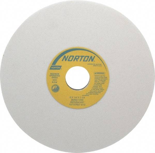 Norton - 8" Diam x 1-1/4" Hole x 1/4" Thick, I Hardness, 80 Grit Surface Grinding Wheel - Aluminum Oxide, Type 1, Medium Grade, 3,600 Max RPM, Vitrified Bond, No Recess - Eagle Tool & Supply