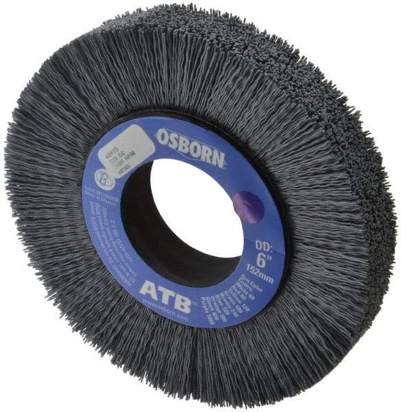 Osborn - 6" OD, 2" Arbor Hole, Crimped Nylon Wheel Brush - 1" Face Width, 1-1/4" Trim Length, 0.022" Filament Diam, 3,600 RPM - Eagle Tool & Supply