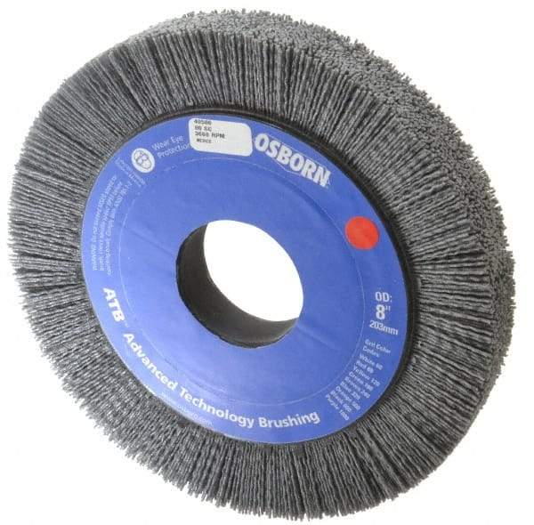 Osborn - 8" OD, 2" Arbor Hole, Crimped Nylon Wheel Brush - 1" Face Width, 1-1/4" Trim Length, 0.04" Filament Diam, 3,600 RPM - Eagle Tool & Supply