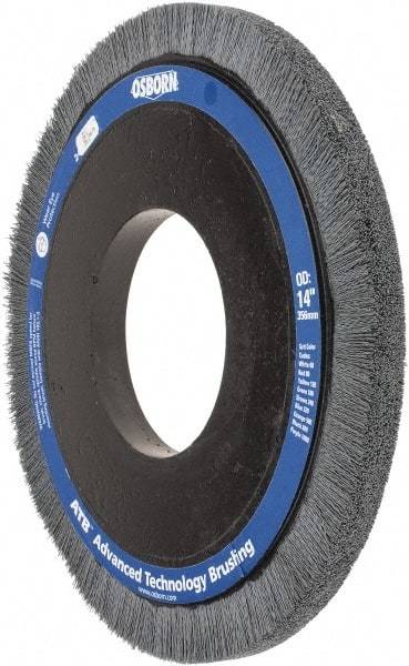 Osborn - 14" OD, 5-1/4" Arbor Hole, Crimped Nylon Wheel Brush - 1" Face Width, 1-1/4" Trim Length, 0.022" Filament Diam, 1,800 RPM - Eagle Tool & Supply