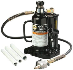 Omega Lift Equipment - 12 Ton Capacity Air-Actuated Bottle Jack - 9-1/2" to 18-1/2" High, 6" Piston Stroke, 3-1/2" Screw Length, 1-3/4" Screw Diam, 1-3/4" Plunger Diam, 6-1/2" Wide Base - Eagle Tool & Supply