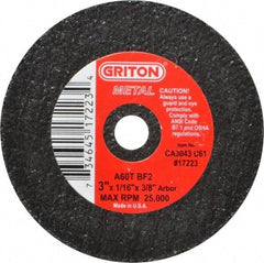 Value Collection - 3" 60 Grit Aluminum Oxide Cutoff Wheel - 1/16" Thick, 3/8" Arbor, 25,000 Max RPM, Use with Die Grinders - Eagle Tool & Supply