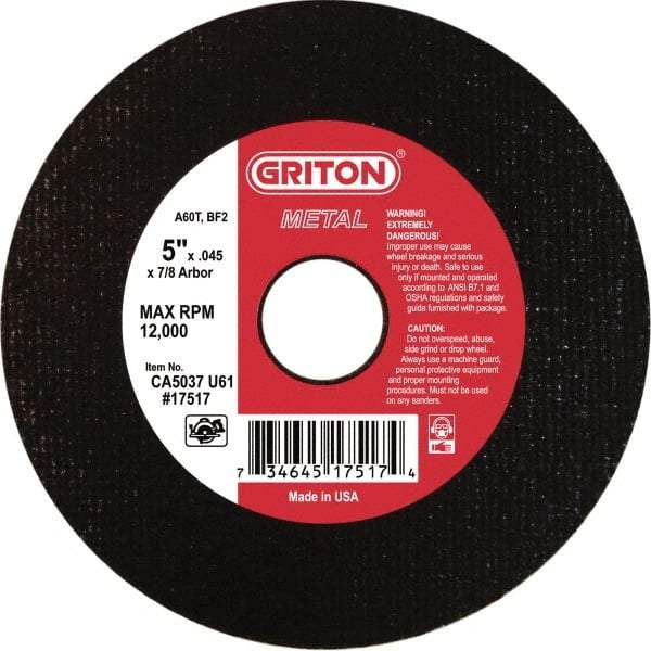 Made in USA - 5" 60 Grit Aluminum Oxide Cutoff Wheel - 0.045" Thick, 7/8" Arbor, 12,224 Max RPM, Use with Angle Grinders - Eagle Tool & Supply