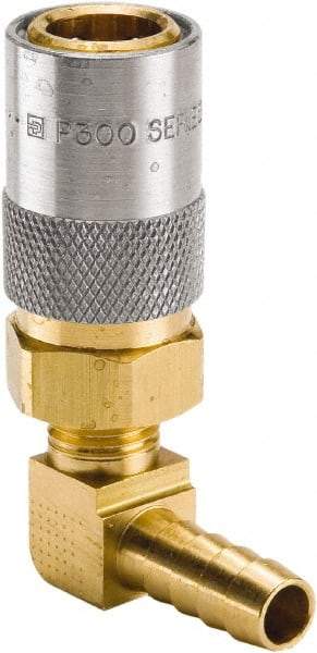 Parker - Nonthreaded Brass Hydraulic Hose Hose Barb Coupler & 90° Fitting - 200 psi, 3 GPM, 1/4" Hose Diam, Series Moldmate - Eagle Tool & Supply
