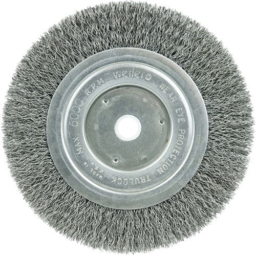 ‎6″ Narrow Face Crimped Wire Wheel, Short Trim, .014″ Steel Fill, 5/8″-1/2″ Arbor Hole - Eagle Tool & Supply