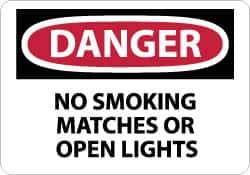 NMC - "Danger - No Smoking, Matches or Open Lights", 7" Long x 10" Wide, Pressure-Sensitive Vinyl Safety Sign - Rectangle, 0.004" Thick, Use for Accident Prevention - Eagle Tool & Supply