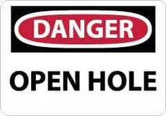 NMC - "Danger - Open Hole", 10" Long x 14" Wide, Pressure-Sensitive Vinyl Safety Sign - Rectangle, 0.004" Thick, Use for Accident Prevention - Eagle Tool & Supply