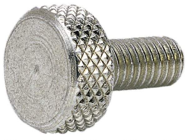 Electro Hardware - #10-32 Knurled Shoulderless Grade 1 & F Brass Thumb Screw - 9/16" OAL, 7/16" Head Diam x 3/16" Head Height, Nickel-Plated Finish - Eagle Tool & Supply