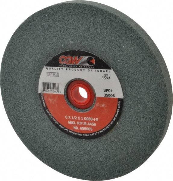 Camel Grinding Wheels - 80 Grit Silicon Carbide Bench & Pedestal Grinding Wheel - 6" Diam x 1" Hole x 1/2" Thick, 4456 Max RPM, I Hardness, Medium Grade , Vitrified Bond - Eagle Tool & Supply