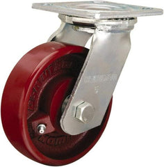Hamilton - 5" Diam x 1-1/2" Wide x 6-1/8" OAH Top Plate Mount Swivel Caster - Cast Iron, 550 Lb Capacity, Straight Roller Bearing, 4 x 4-1/2" Plate - Eagle Tool & Supply