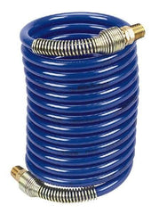 Coilhose Pneumatics - 1/4" ID, 1/4 Thread, 12' Long, Blue Nylon Coiled & Self Storing Hose - 220 Max psi, Male Swivel x Male Swivel - Eagle Tool & Supply