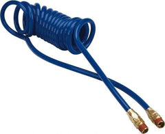 Coilhose Pneumatics - 1/4" ID, 1/4 Thread, 10' Long, Blue Polyurethane Coiled & Self Storing Hose - 125 Max psi, Male Swivel x Male Swivel - Eagle Tool & Supply