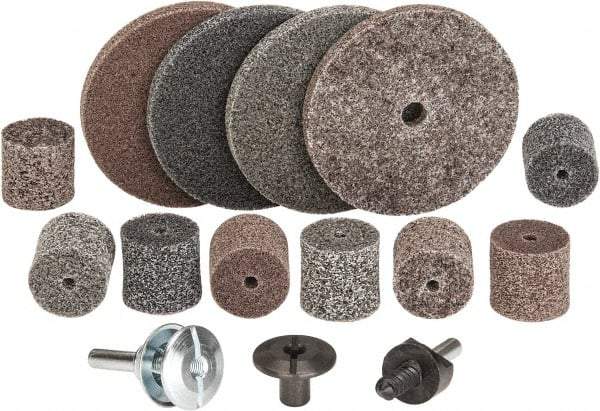 3M - 14 Piece Deburring Kit - 1 & 3" Diam Unitized Wheels in Fine, Medium & Coarse Grades, 1/4" Inch Shank Diam, Aluminum Oxide, Silicon Carbide, Mandrel Connection, Shank Included - Eagle Tool & Supply
