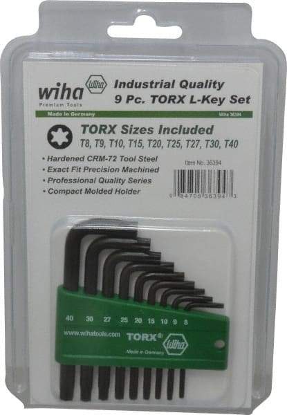 Wiha - 9 Piece T8 to T40 L-Key Short Arm Torx Key Set - T8, T9, T10, T15, T20, T25, T27, T30, T40 Torx Size - Eagle Tool & Supply