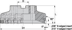 Kennametal - 7 Inserts, 4" Cut Diam, 1-1/4" Arbor Diam, 0.361" Max Depth of Cut, Indexable Square-Shoulder Face Mill - 0/90° Lead Angle, 2" High, SD.T 43.. Insert Compatibility, Series KSSM - Eagle Tool & Supply