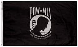 Flags; Type: POW MIA Flag; Flag Type: Military Flag; Mounting: Pole Sleeve; Pole; Flag Height (Inch): 3.0 ft; Flag Height (Feet): 3.00; Overall Length: 5 ft; Flag Width (Feet): 5.00; Material: Nylon; Flag Construction: Printed; Color: White; Black; Includ