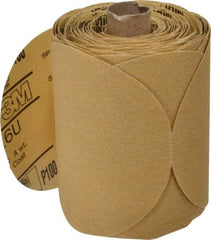 3M - 5" Diam, 100 Grit FEPA, Aluminum Oxide Adhesive PSA Disc - Fine Grade, Gold, A Weighted Backing, Flexible, Use with Random Orbital Sanders - Eagle Tool & Supply