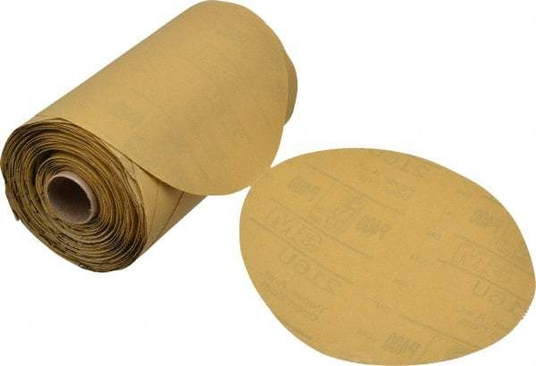 3M - 6" Diam, 400 Grit FEPA, Aluminum Oxide Adhesive PSA Disc - Extra Fine Grade, Gold, A Weighted Backing, Flexible, Use with Random Orbital Sanders - Eagle Tool & Supply