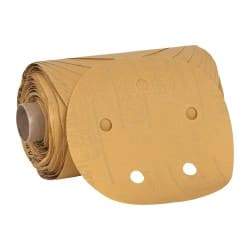 3M - 5" Diam, 320 Grit FEPA, Aluminum Oxide Adhesive PSA Disc - Extra Fine Grade, Gold, A Weighted Backing, Flexible, Use with Random Orbital Sanders - Eagle Tool & Supply