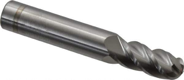 Accupro - 11mm Diam, 25mm LOC, 4 Flute Solid Carbide Ball End Mill - Uncoated, Single End, 76mm OAL, 12mm Shank Diam, Spiral Flute - Eagle Tool & Supply