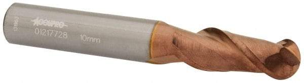 Accupro - 10mm Diam, 25mm LOC, 2 Flute Solid Carbide Ball End Mill - TiCN Finish, Single End, 70mm OAL, 10mm Shank Diam, Spiral Flute - Eagle Tool & Supply