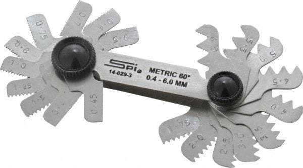 SPI - 20 Leaf, 0.4 to 6mm Pitch Range, Steel Screw Pitch Gage - 60° Thread Angle - Eagle Tool & Supply