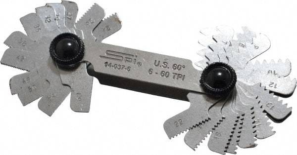 SPI - 30 Leaf, 6 to 60 TPI Range, Steel Screw Pitch Gage - 60° Thread Angle - Eagle Tool & Supply