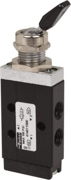 Parker - 1/8" NPT Mechanically Operated Air Valve - 3-Way, 2 Position, Toggle-Spring Return, 0.2 CV Rate, 150 Max psi & 175°F Max Temp - Eagle Tool & Supply